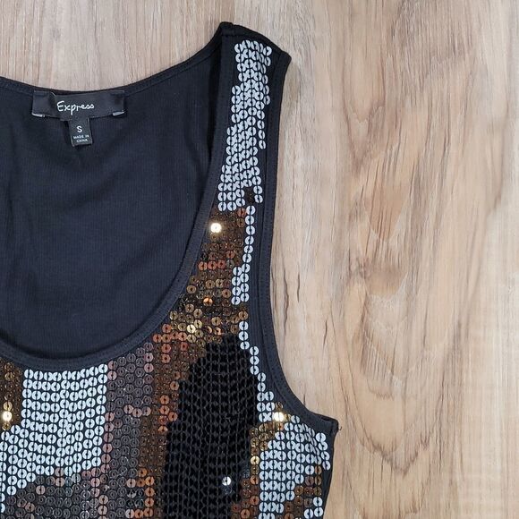 🔹️Express Black Camouflage Sequined Sleeveless Top Small - Picture 4 of 8